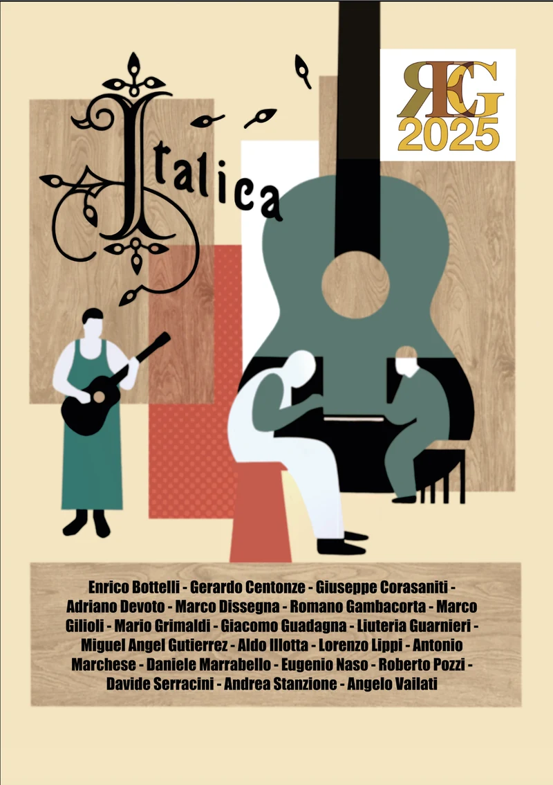 L'etichetta dell'Italica: illustrazione con due chitarristi, una chitarra verde, il logo REG 2025 e i nomi dei venti liutai